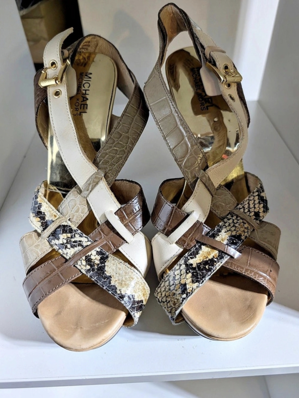 Michael Kors Animal Print Strappy Heels in Brown & White